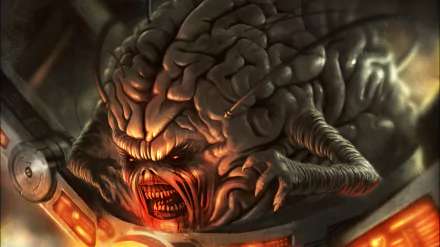 Doom video game 4K Ultra HD PC desktop wallpaper: snarling brain-like demon with exposed cranium, fanged maw and glowing orange cyber collar.