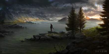 A serene landscape from The Elder Scrolls V: Skyrim, featuring a lone figure standing by a tranquil lake, framed by mountains and dark, dramatic clouds. HD desktop wallpaper.