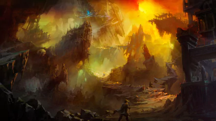 A dramatic fantasy landscape with towering jagged cliffs and glowing orange skies, rendered in 4K Ultra HD as a vivid PC desktop wallpaper background.