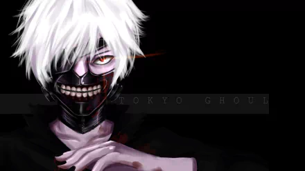 HD desktop wallpaper featuring Ken Kaneki from the anime Tokyo Ghoul, with his distinctive white hair, red eye, and ghoul mask against a dark background.
