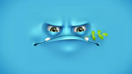 Funny cartoon face with a grumpy expression and a small plant sprouting from its mouth, set against a smooth blue background, designed as an HD PC desktop wallpaper.