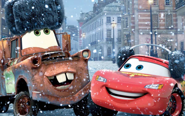 HD desktop wallpaper featuring animated characters Mater and Lightning McQueen from the movie Cars 2, set in a snowy city scene.
