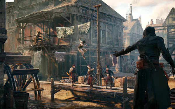 4K Ultra HD wallpaper featuring Arno Dorian from Assassin's Creed: Unity, set in a bustling historic street scene with dynamic characters and detailed architecture.