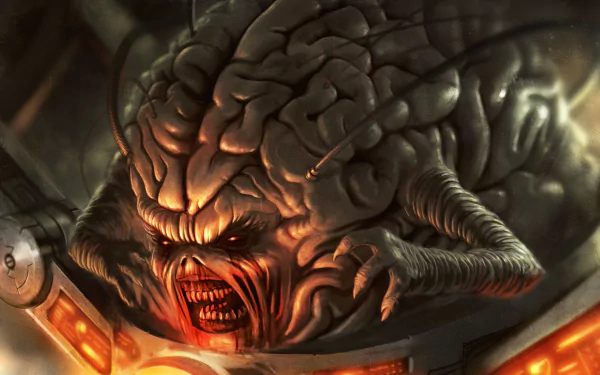 Doom video game 4K Ultra HD PC desktop wallpaper: snarling brain-like demon with exposed cranium, fanged maw and glowing orange cyber collar.