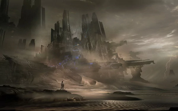 A striking sci-fi landscape inspired by Dune, featuring towering structures shrouded in mist and a lone figure against a dramatic, otherworldly backdrop. High-definition wallpaper.