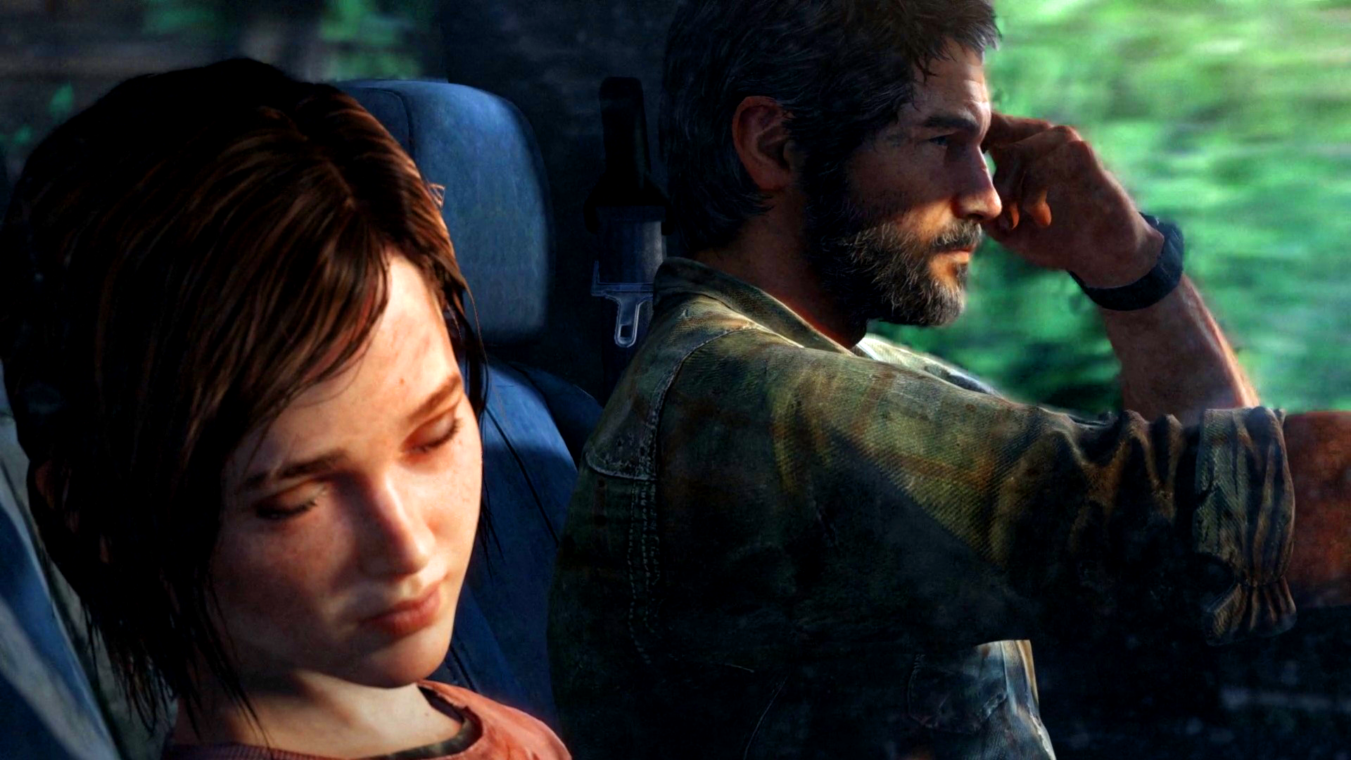 A captivating HD desktop wallpaper from the video game The Last of Us, featuring the characters Joel and Ellie in a moment of reflection during their journey.