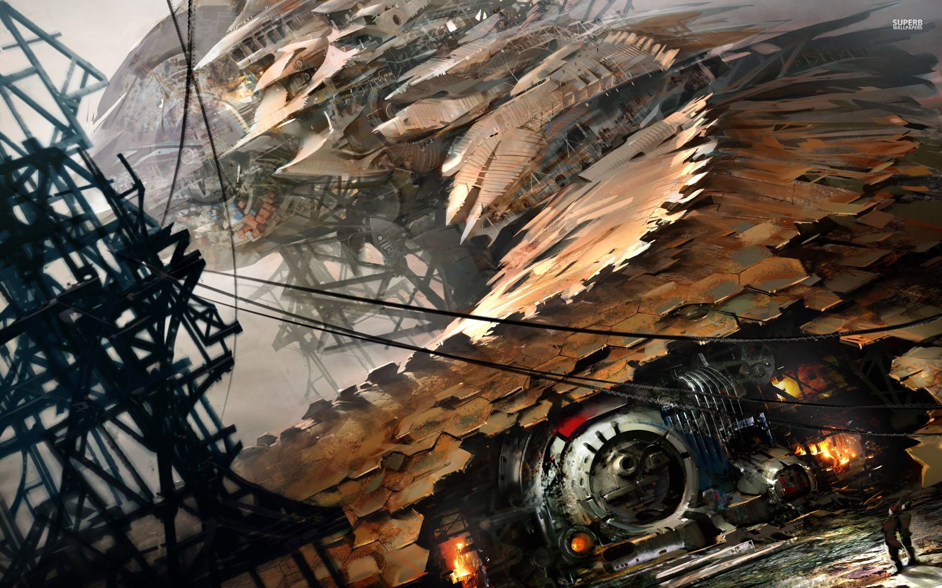 Sci-fi steampunk HD PC desktop wallpaper and background showing a colossal layered metal leviathan with a glowing engine-eye, tangled cables and rusted industrial scaffolding.