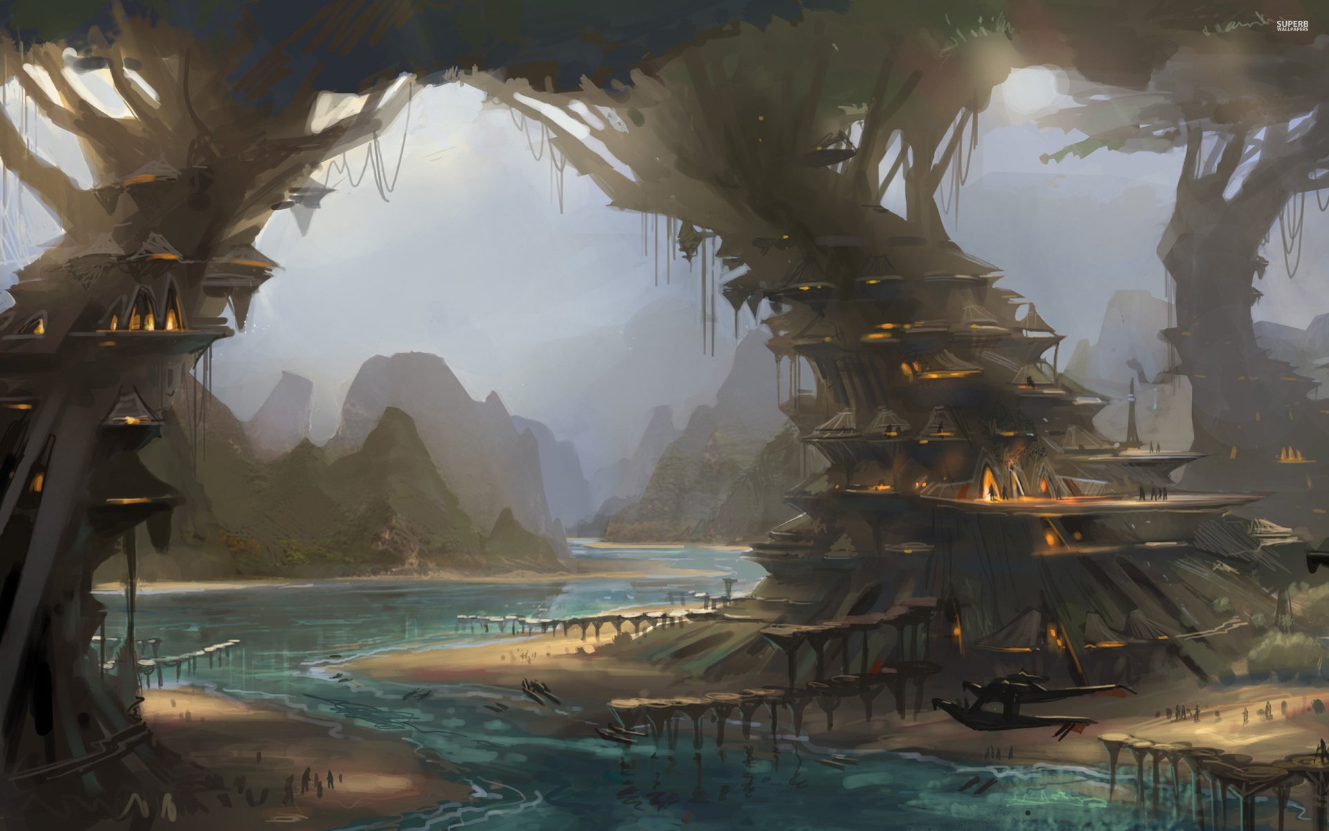 A captivating fantasy city nestled among towering trees, with structures built on stilts overlooking a serene river, creating an enchanting atmosphere for a desktop wallpaper.