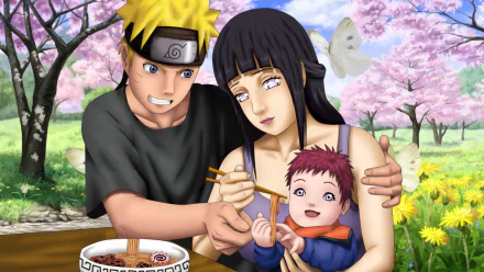Hinata Hyuga and Naruto Uzumaki share a tender moment with their child in this vibrant HD anime wallpaper, surrounded by blossoms and butterflies.