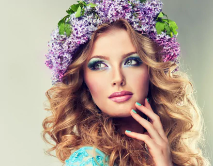 A woman with flowing curls adorned in a lilac wreath gazes thoughtfully, showcasing a fresh makeup look. This vibrant image serves as an eye-catching HD desktop wallpaper.