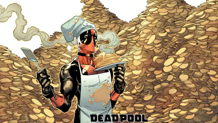 A vibrant HD wallpaper featuring Deadpool, donned in a chef's hat and apron, holding a plate of pancakes amidst a towering pile of pancakes, embodying his comedic charm.