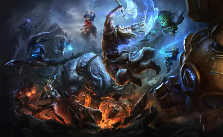 An action-packed HD wallpaper featuring characters from League of Legends, including Ziggs, Nocturne, Ezreal, and others, engaged in a fierce battle against a dramatic backdrop.