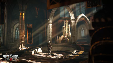 A dramatic scene from The Witcher 3: Wild Hunt featuring Emhyr var Emreis, showcasing intricate architecture and captivating light in a grand throne room. Ideal HD wallpaper for fans.