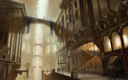 Fantasy temple interior with towering arches, intricate stonework, and warm light streaming through, rendered in high definition as a detailed PC desktop wallpaper background.