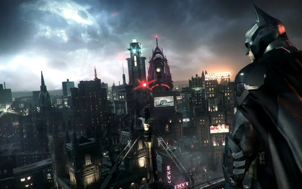 HD desktop wallpaper featuring Batman overlooking Gotham City from a rooftop at night; inspired by the video game Batman: Arkham Knight.