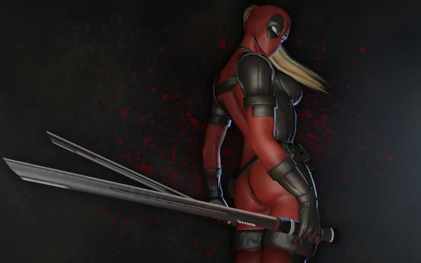 4K Ultra HD comic wallpaper featuring Lady Deadpool in a dynamic pose, holding twin katanas against a dark, blood-splattered background.