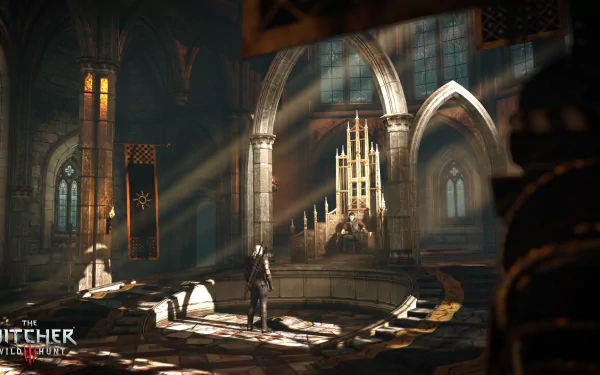 A dramatic scene from The Witcher 3: Wild Hunt featuring Emhyr var Emreis, showcasing intricate architecture and captivating light in a grand throne room. Ideal HD wallpaper for fans.