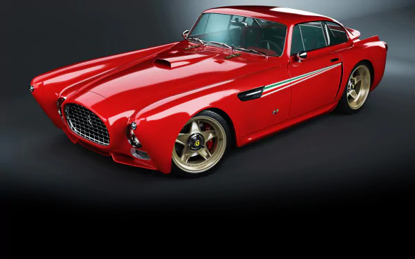 Red Ferrari F340 Gullwing America vehicle on a dark gradient, HD PC desktop wallpaper background of a classic gullwing coupe.