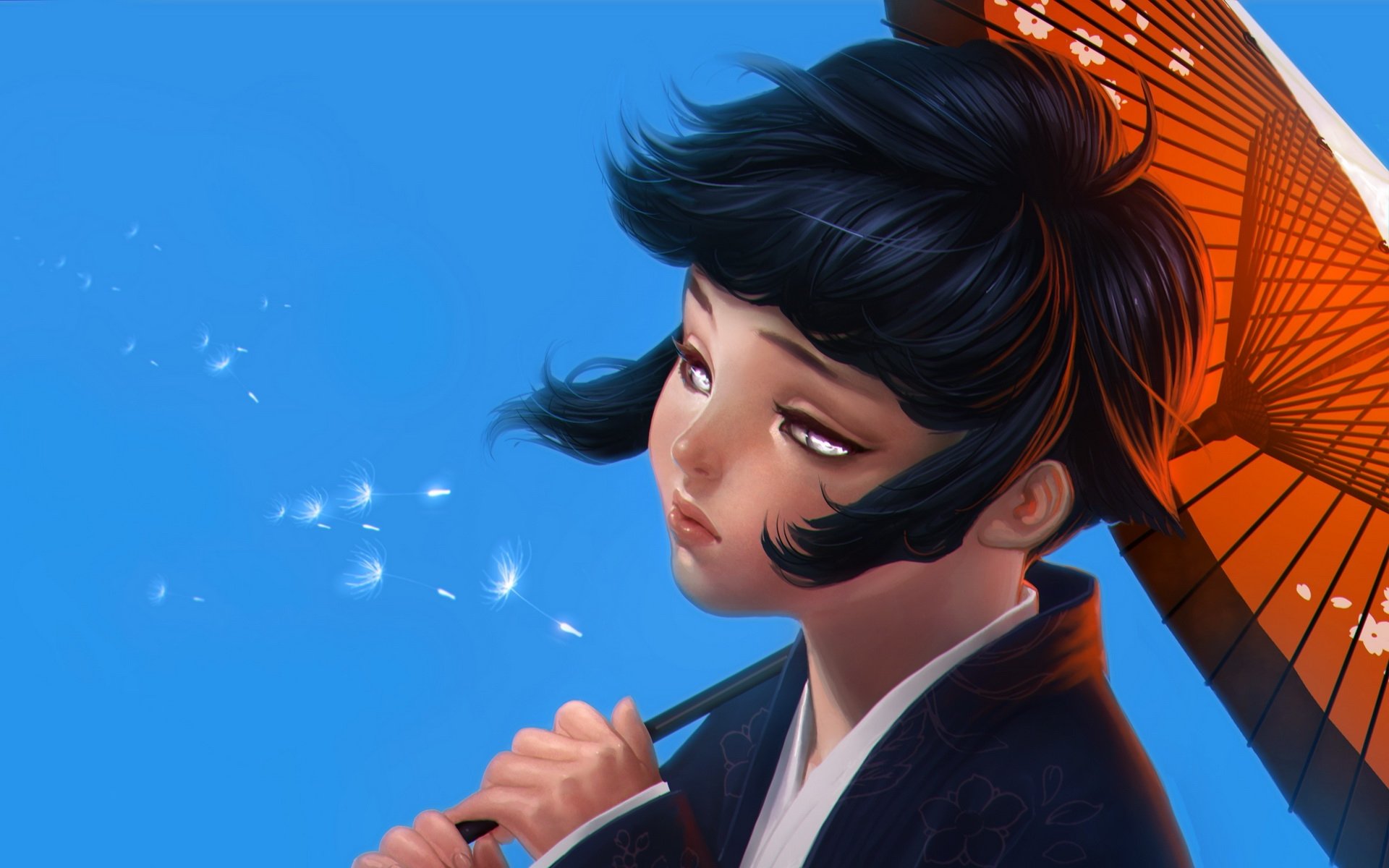 A serene HD wallpaper featuring Hinata Hyuga from the anime Naruto, showcasing her gentle expression against a vibrant blue background with an elegant red umbrella.