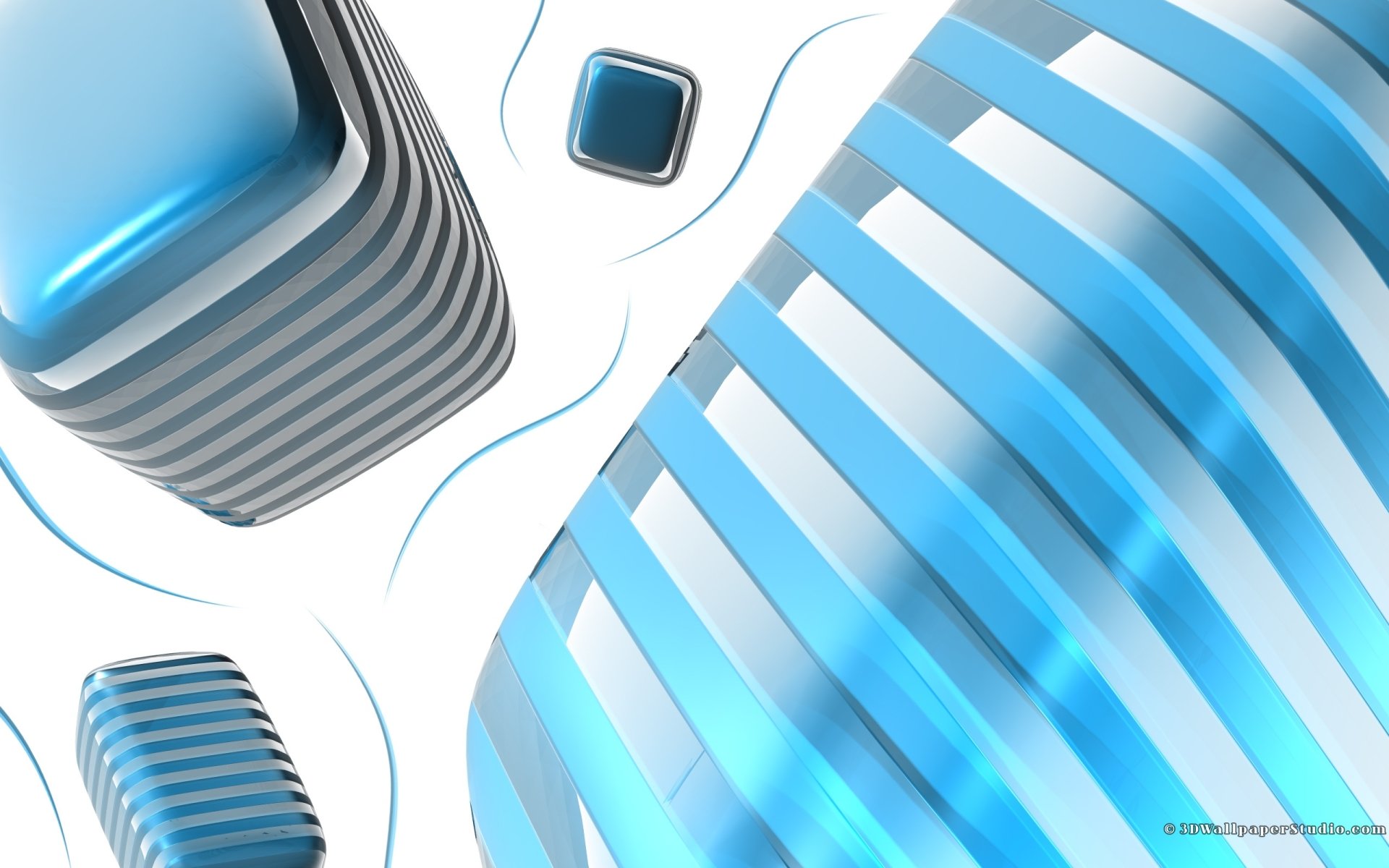 HD PC desktop wallpaper featuring an abstract design of smooth, rounded shapes with blue and white stripes set against a white background.