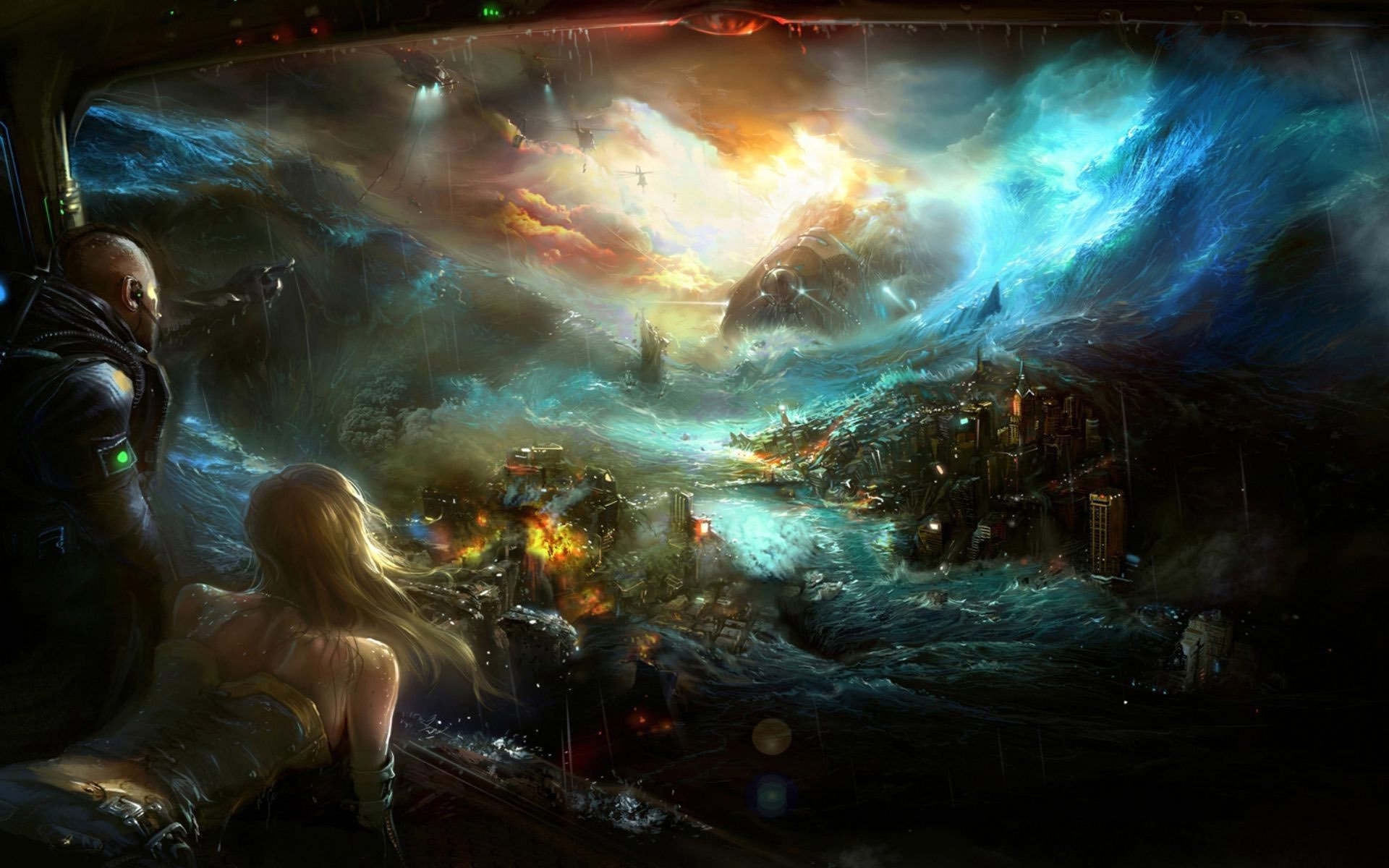 HD sci-fi apocalyptic desktop wallpaper depicting a fiery, chaotic landscape with dark clouds, futuristic structures, and two figures observing the destruction.