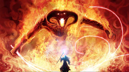 A dramatic fantasy scene from The Lord of the Rings, featuring a figure confronting a massive, fiery serpent in a vibrant and intense HD wallpaper design.