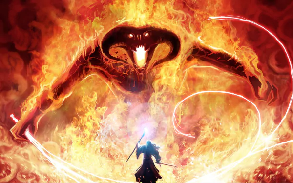 A dramatic fantasy scene from The Lord of the Rings, featuring a figure confronting a massive, fiery serpent in a vibrant and intense HD wallpaper design.