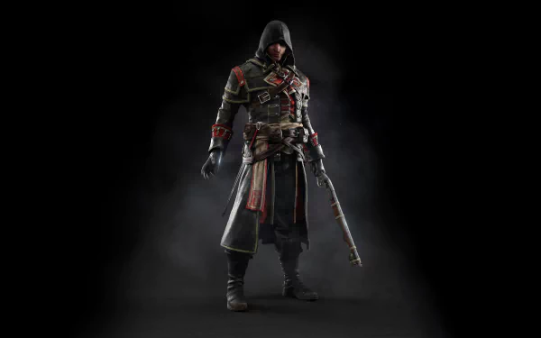 A high-definition wallpaper featuring Shay Cormac from Assassin's Creed: Rogue, showcasing his iconic hooded outfit and stance against a dark background.