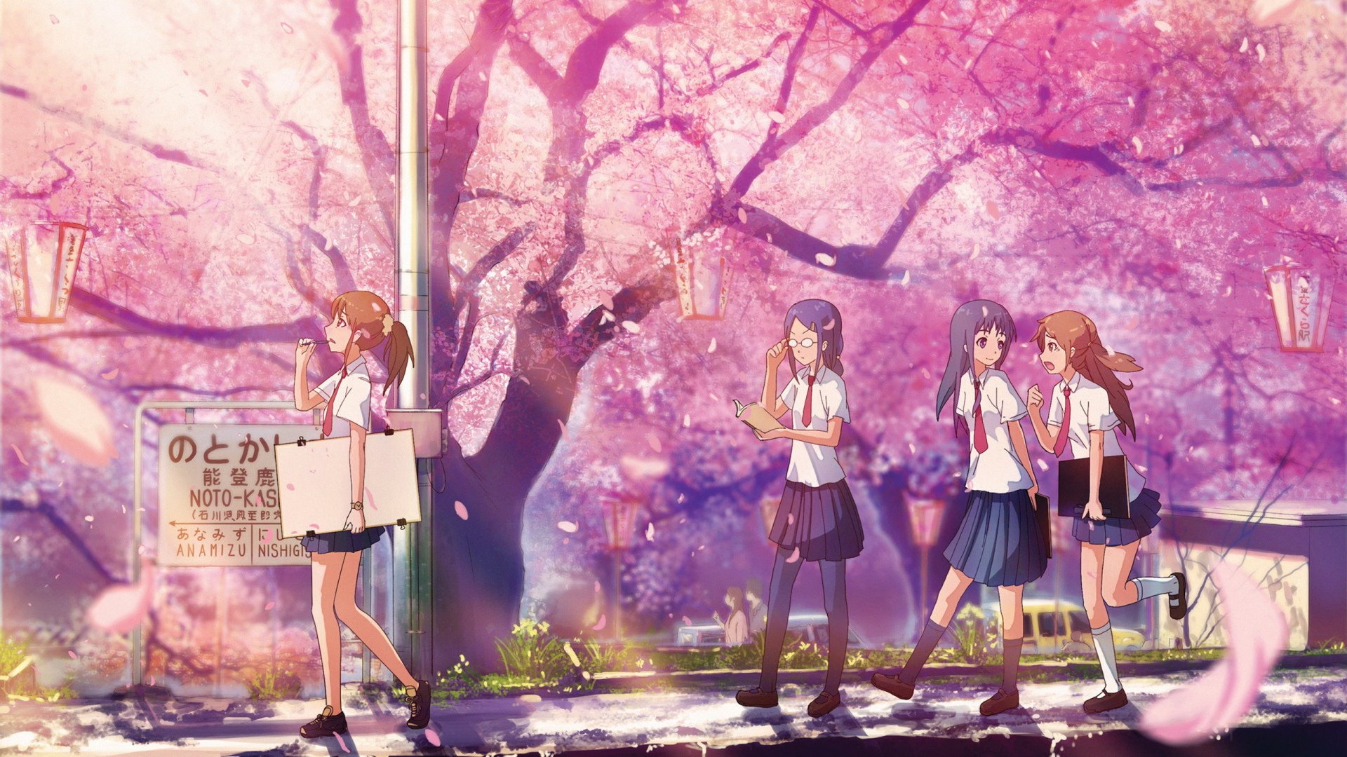 HD anime wallpaper of four schoolgirls in uniform walking under cherry blossom trees in full bloom, with pink petals drifting in the air.