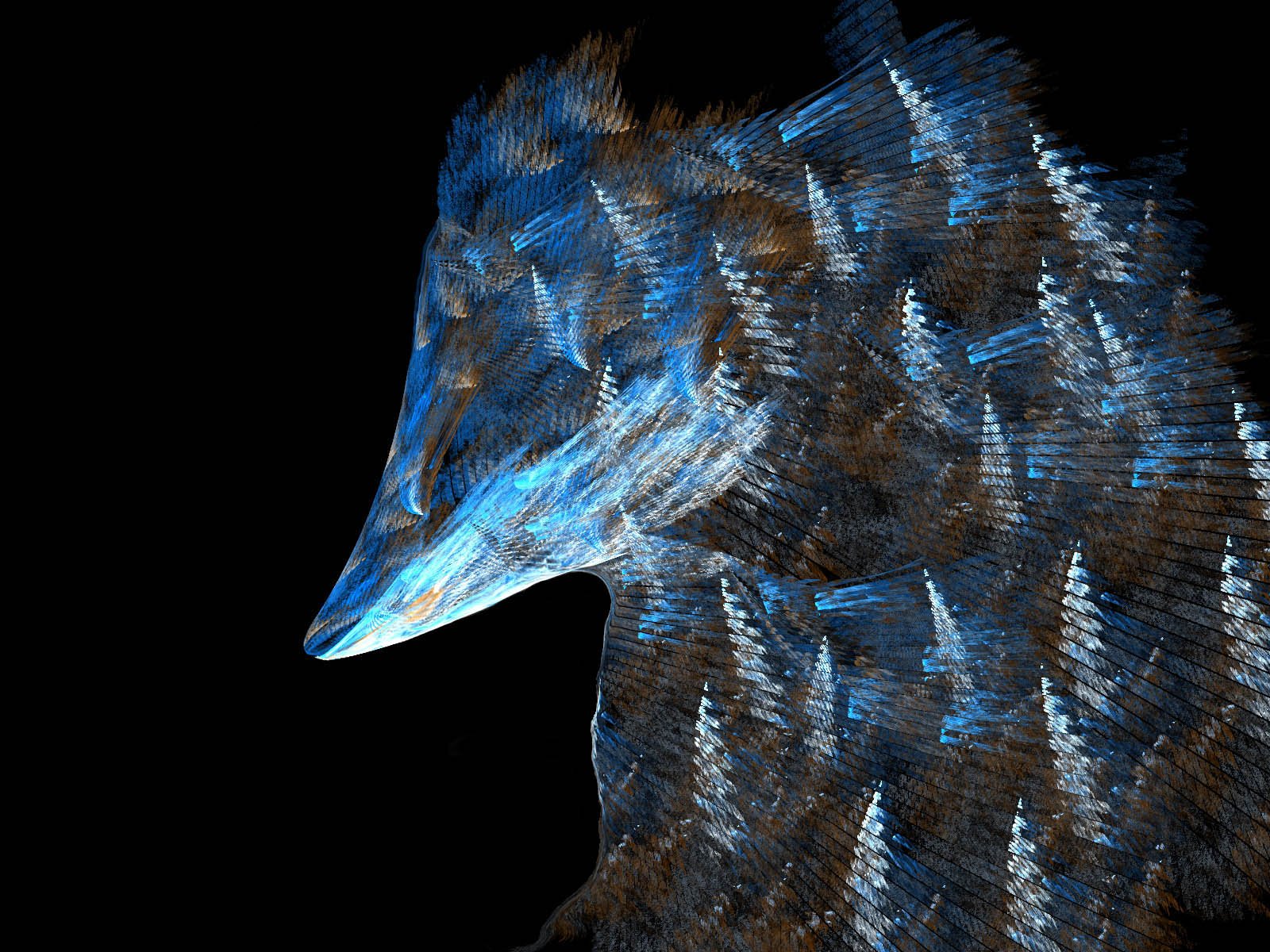 Abstract CGI of a textured blue and black patterned shape resembling a bird’s head, designed as a high-definition PC desktop wallpaper background.