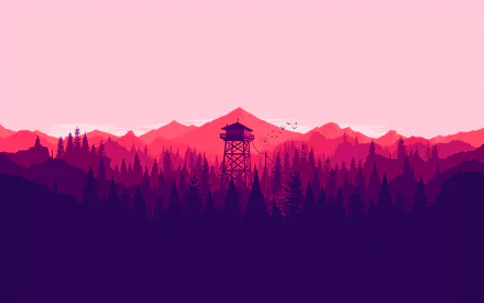 HD PC desktop wallpaper featuring a stylized Firewatch video game scene with a watchtower silhouetted against pink and red mountain layers and forest.