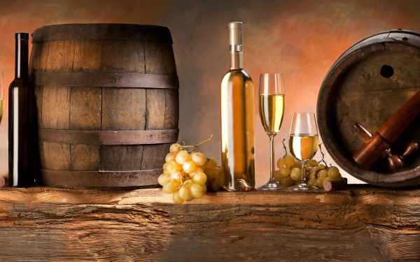 4K Ultra HD desktop wallpaper featuring grapes, wine bottles, glasses, and wooden barrels arranged on a rustic wooden surface with warm, earthy tones.