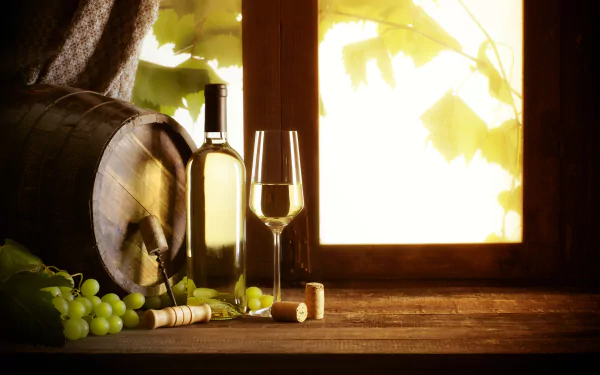 4K Ultra HD desktop wallpaper featuring a rustic scene with green grapes, a wine barrel, a bottle of white wine, and a filled wine glass by a sunlit window.
