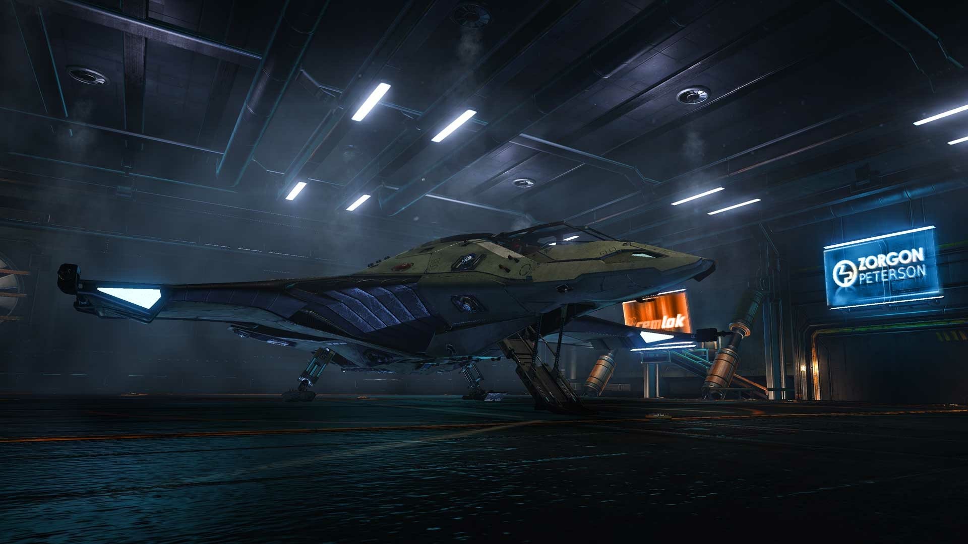 HD PC desktop wallpaper from the video game Elite: Dangerous — a detailed starship parked in a neon-lit hangar with hull reflections, maintenance scaffolding and cool blue lighting.