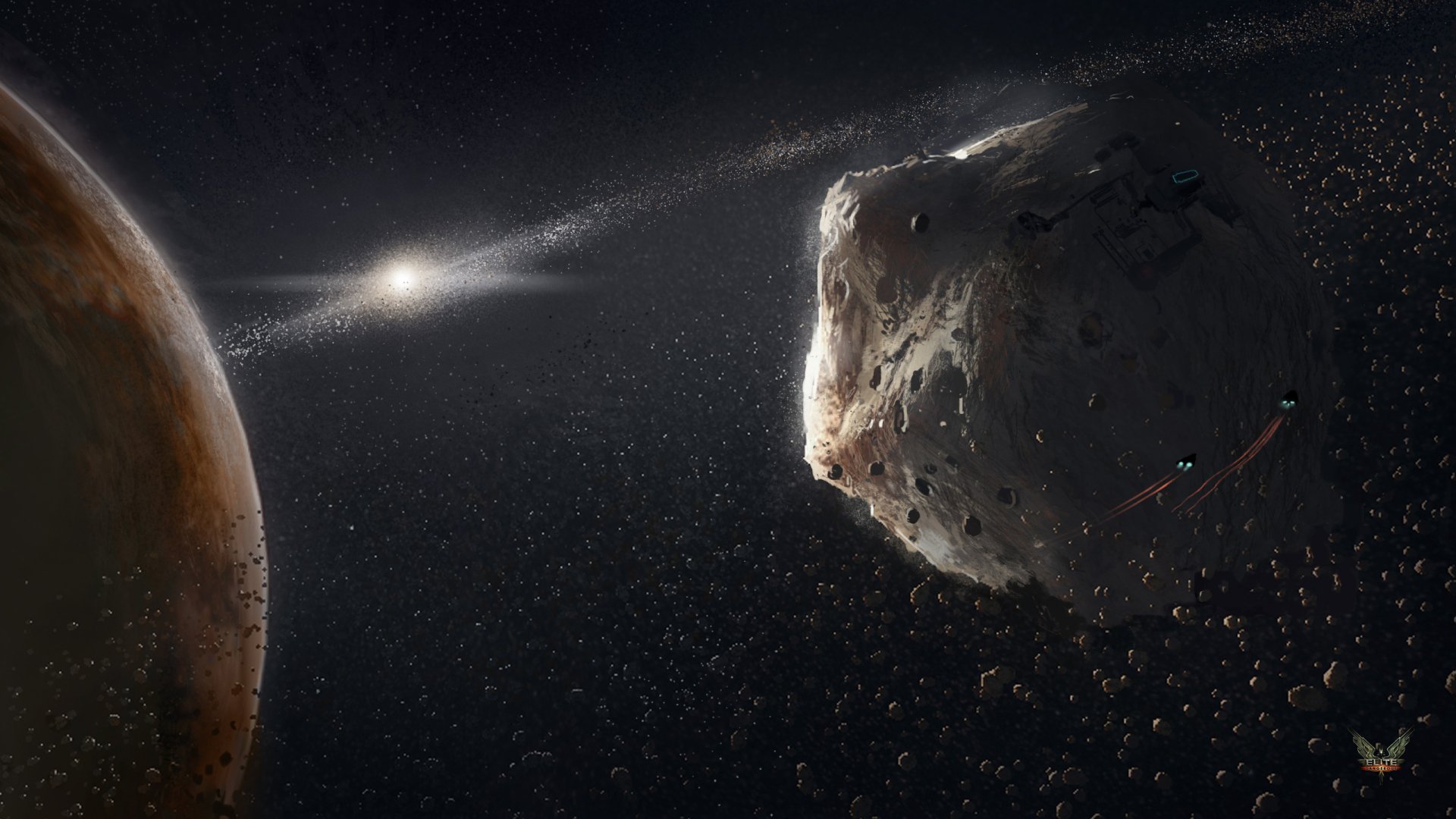 Elite: Dangerous 2K Quad HD PC Desktop Wallpaper and Background — a jagged asteroid drifts through a dense debris field, with a nearby planet and tiny ships against a starlit galaxy.