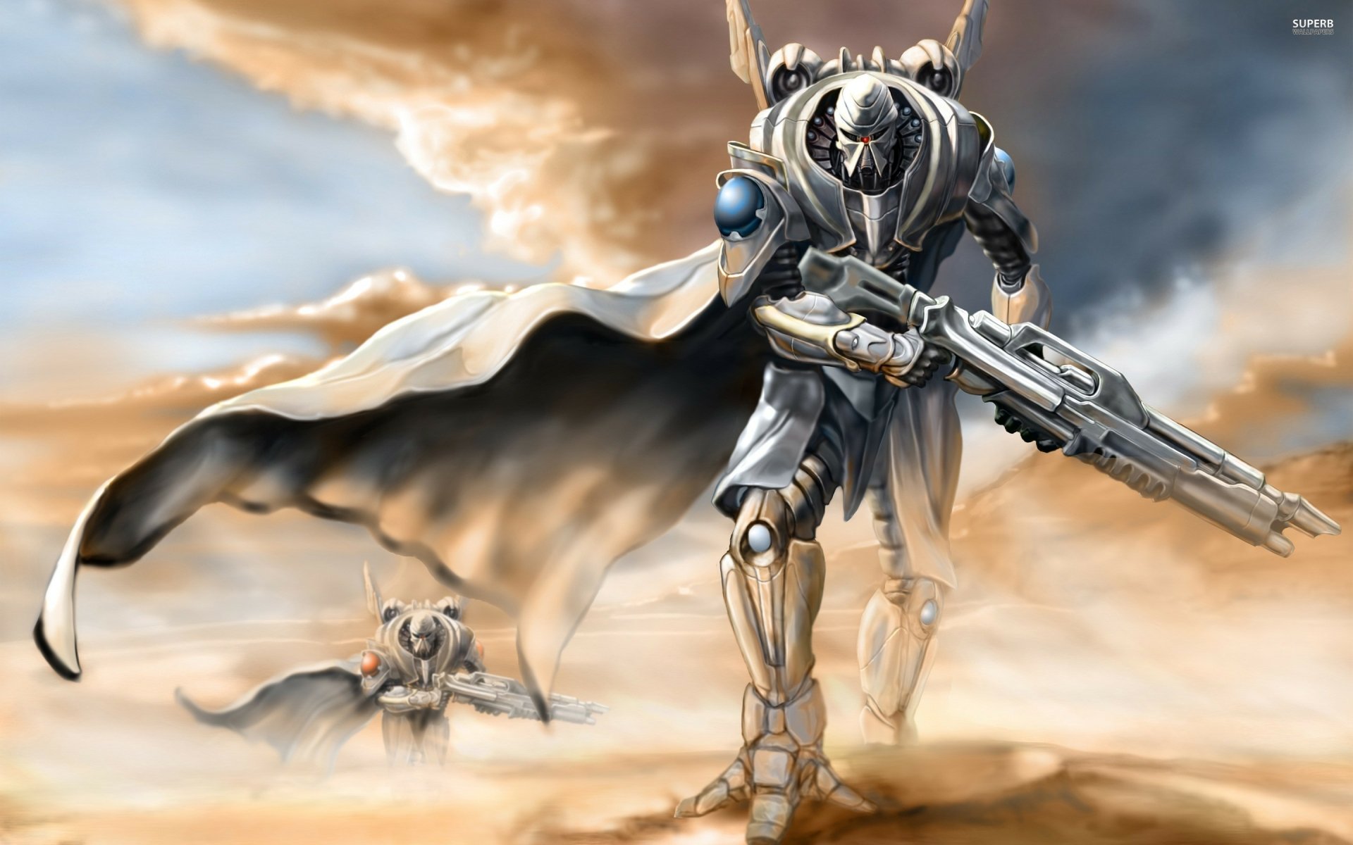 HD sci-fi PC desktop wallpaper featuring a futuristic armored robot warrior holding a large weapon, advancing through a smoky, dramatic battlefield background.