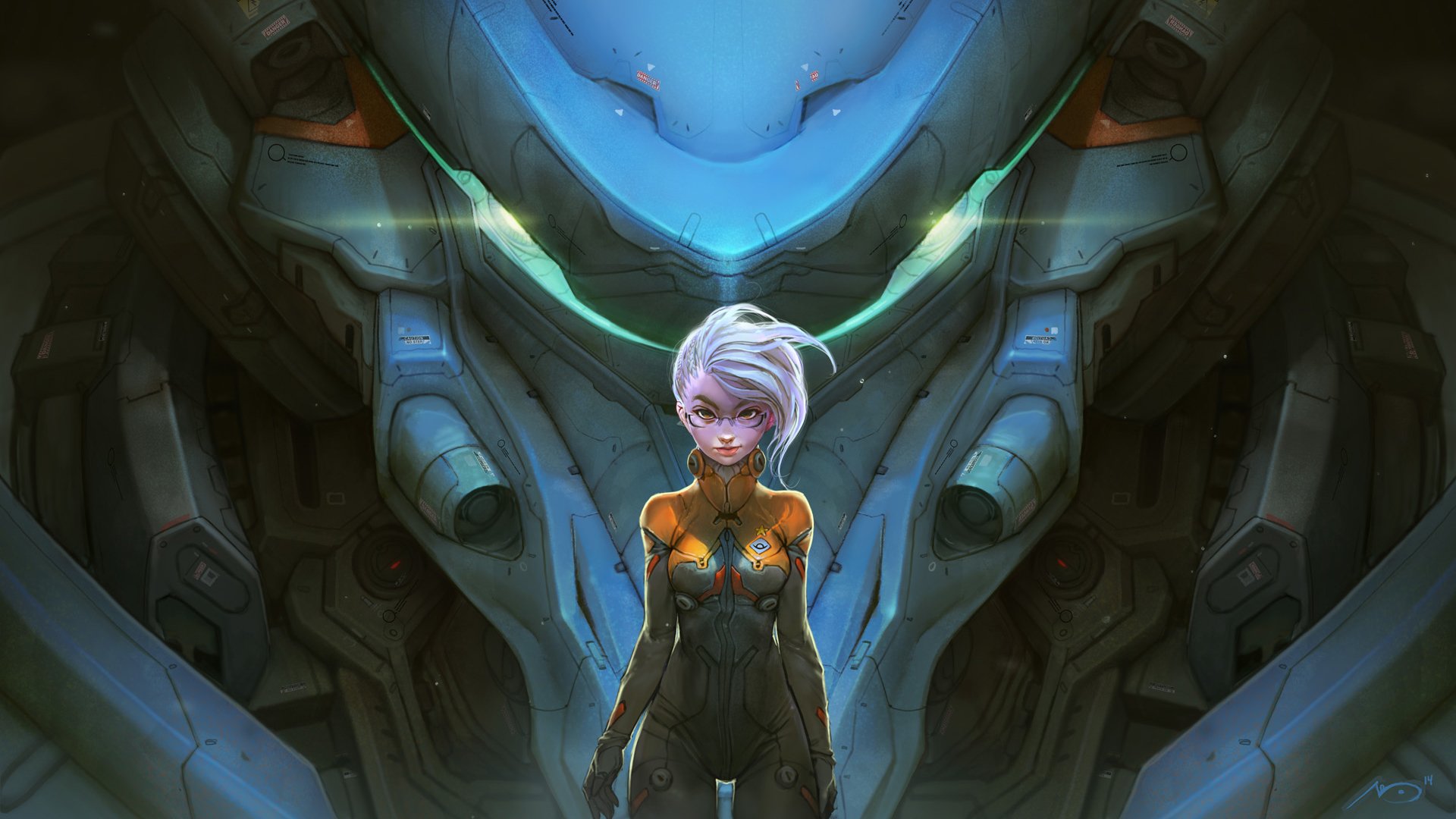 HD sci-fi desktop wallpaper featuring a futuristic woman with white hair standing confidently in front of a massive robotic machine.