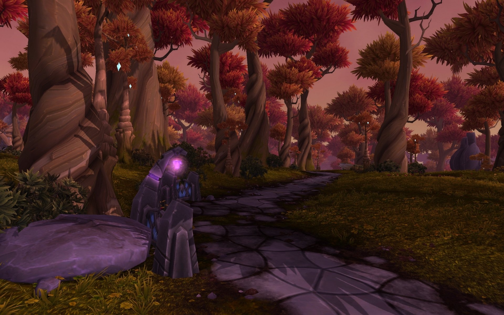 HD PC desktop wallpaper from World of Warcraft: Warlords of Draenor, featuring a shadowy figure near a winding path through a mystical forest with red-leaved trees.