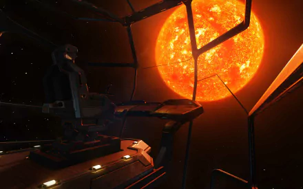 A stunning HD wallpaper from the video game Elite: Dangerous, featuring a cockpit view with a brilliant orange star illuminating the space surroundings.