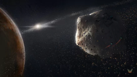 Elite: Dangerous 2K Quad HD PC Desktop Wallpaper and Background — a jagged asteroid drifts through a dense debris field, with a nearby planet and tiny ships against a starlit galaxy.