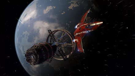 A stunning HD PC desktop wallpaper featuring a spaceship from Elite: Dangerous approaching a space station, with a vibrant planet in the background.