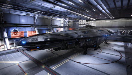 HD PC desktop wallpaper featuring a sleek spaceship docked inside a futuristic hangar from the video game Elite: Dangerous.