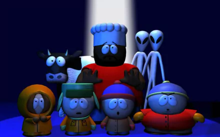 HD South Park wallpaper featuring Chef, Kyle, Stan, Kenny, Cartman, a cow, and two aliens in a dark, spotlighted setting.