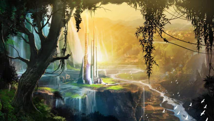 A fantasy palace bathed in golden light, surrounded by lush forest and cascading waterfalls, rendered as a vibrant HD PC desktop wallpaper and background.