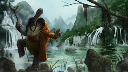 Fantasy HD PC desktop wallpaper depicting a mystical turtle-like creature standing in a lush, waterfall-filled landscape with misty mountains in the background.