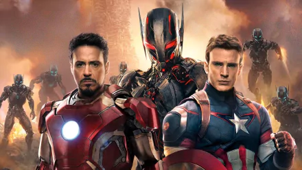 HD desktop wallpaper featuring Iron Man (Robert Downey Jr.), Captain America (Chris Evans), and Ultron from the movie Avengers: Age of Ultron. The background displays a battle scene with robotic soldiers.