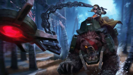 A stunning HD wallpaper features Sejuani from League of Legends, depicted riding her armored bear in a mystical forest, showcasing dynamic action and vibrant colors.