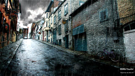 A dark, rainy street in a city, with glistening wet pavement reflecting the shadows of man-made buildings, creating a lonely and atmospheric scene.