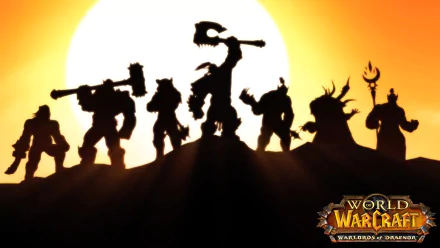 Silhouettes of iconic characters stand against an orange sunset in this HD wallpaper for World of Warcraft: Warlords of Draenor, capturing the essence of the epic video game.