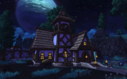 HD desktop wallpaper of a night scene in World of Warcraft: Warlords of Draenor, featuring a lit medieval-style house under a starry sky with a large planet in the background.